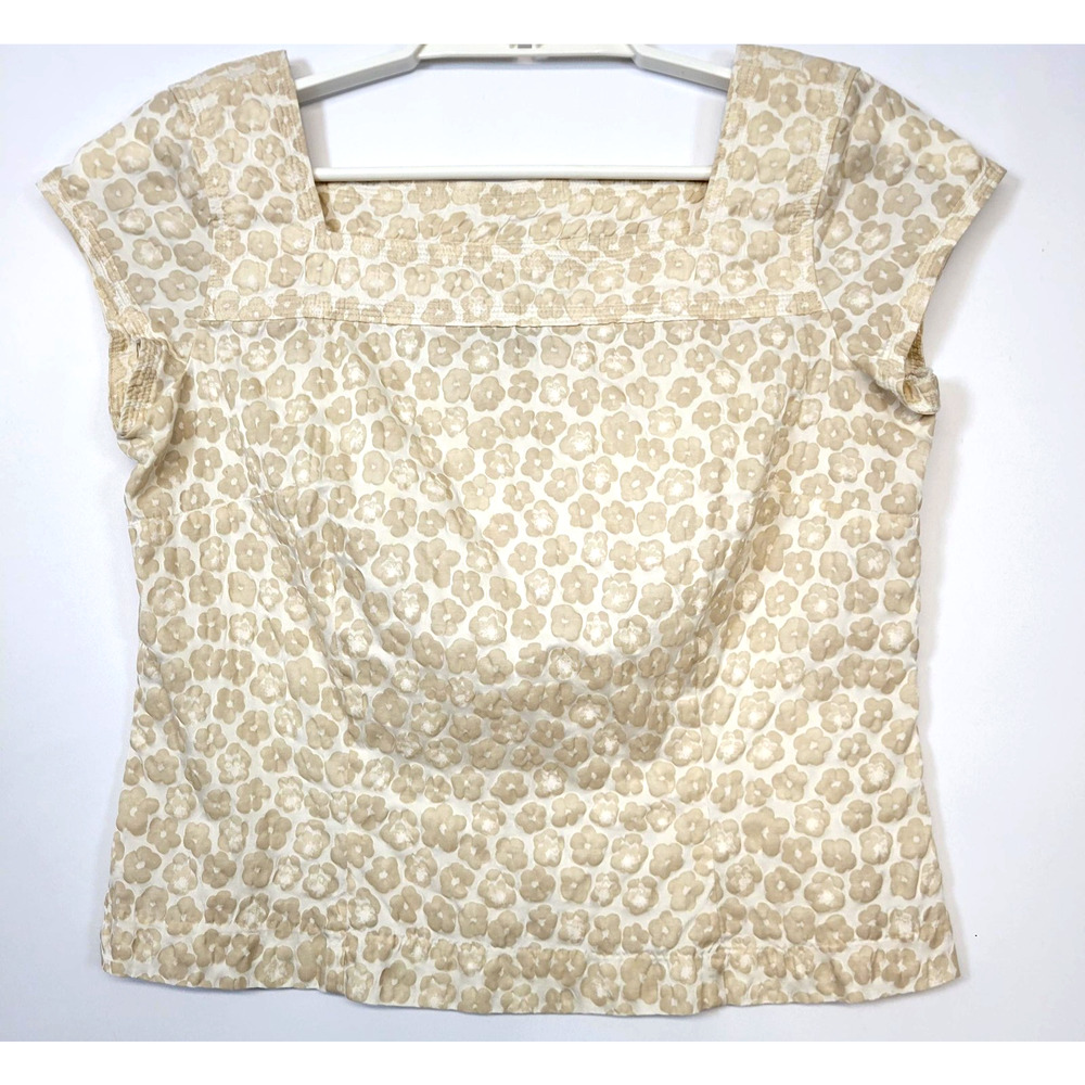 Talbots Earthy Top Womens 10 Beige Floral Silk Blend Square Neck Cap Sleeve Boho